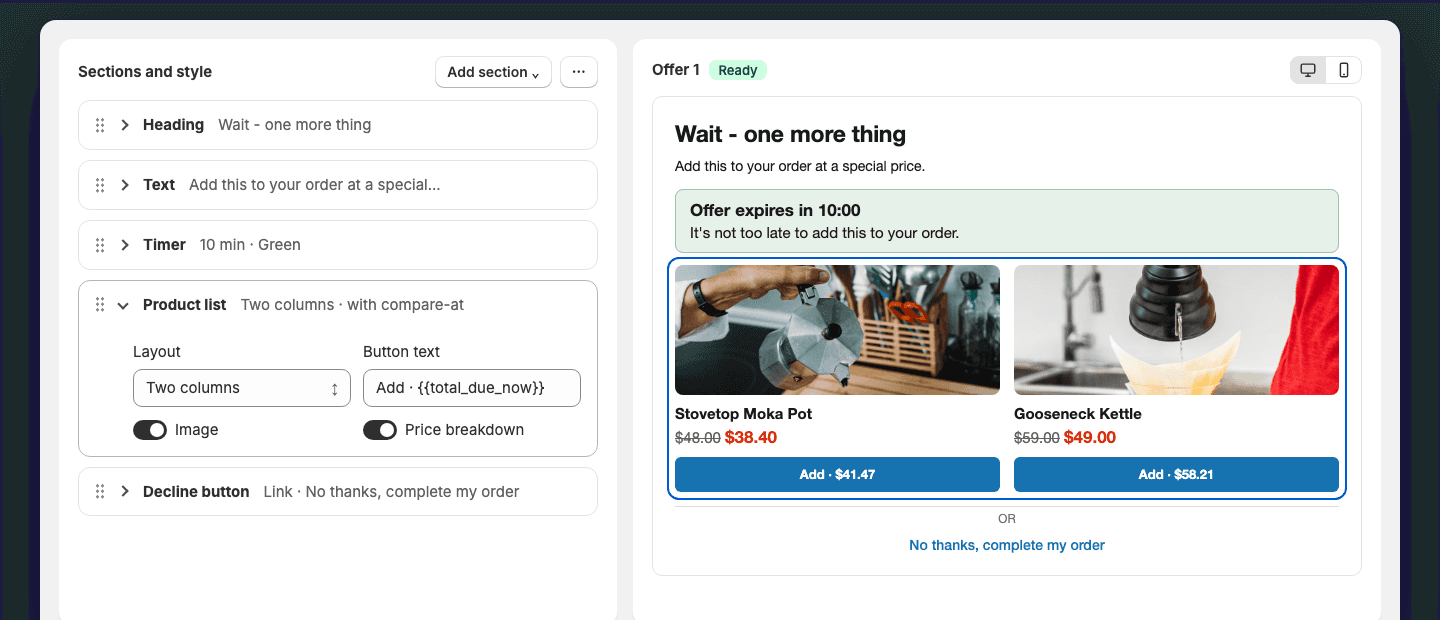 Designeditor med en lista över sektioner och liveförhandsvisning av erbjudandet