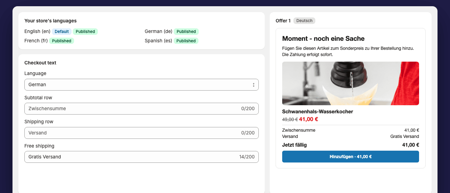 Kassatext redigerad på tyska bredvid en tysk förhandsvisning av erbjudandet